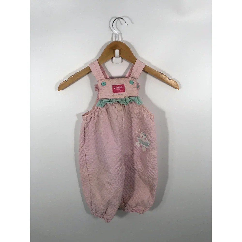 VTG OshKoshBGosh Kids Quilted Overalls 24 Months Pink Ruffle 90s Made In USA